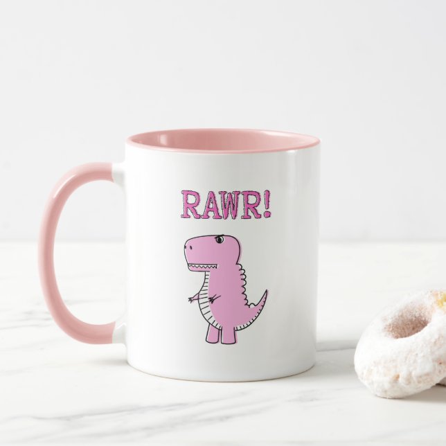 Cute And Angry Pink Cartoon T-Rex Dinosaur Mug (With Donut)
