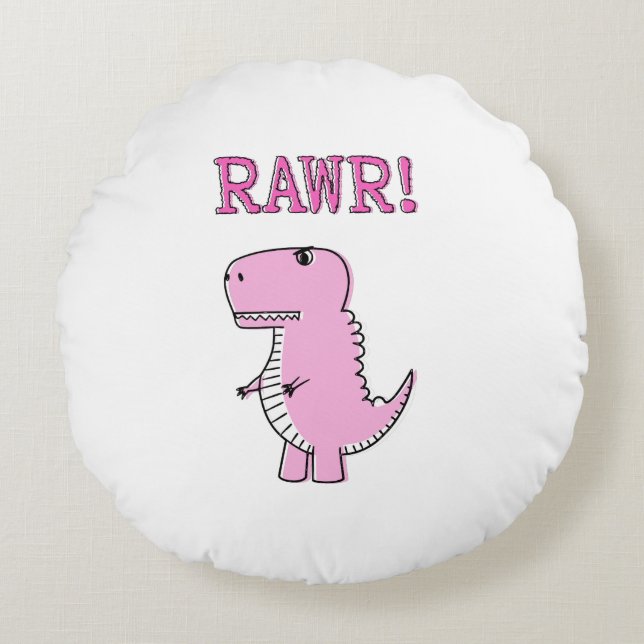 Cute And Angry Pink Cartoon T-Rex Dinosaur Round Cushion (Front)