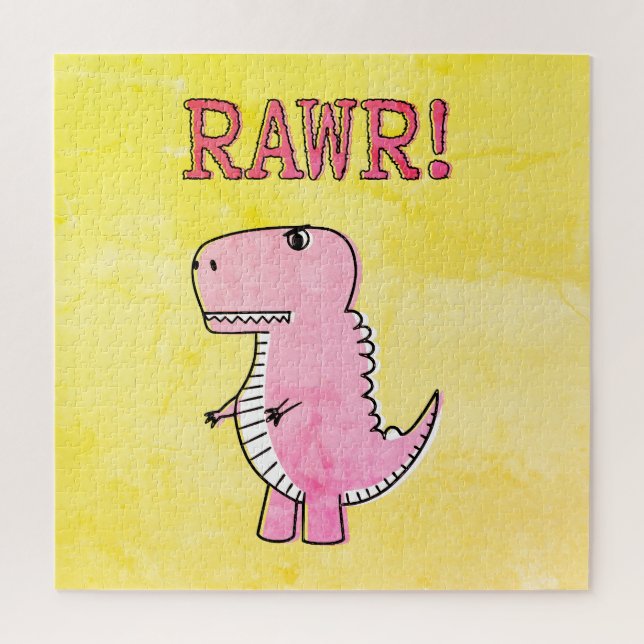 Cute And Angry Pink Cartoon T-Rex Old Paper Jigsaw Puzzle (Vertical)