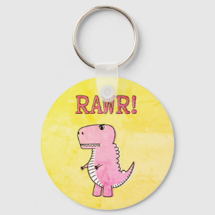 Cute And Angry Pink Cartoon T-Rex Old Paper Key Ring