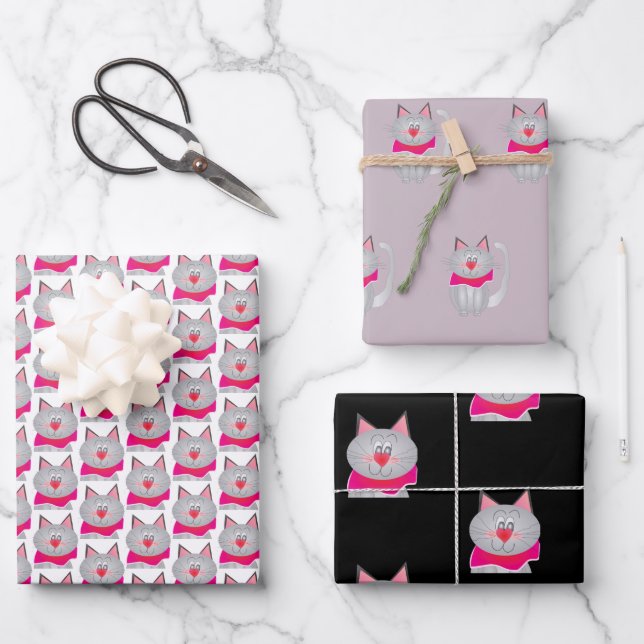 Cute and Artsy Kitty Cat Designer Wrapping Paper Sheet (Front)