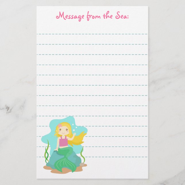 Cute and Beautiful Mermaid, for Girls Stationery (Front)