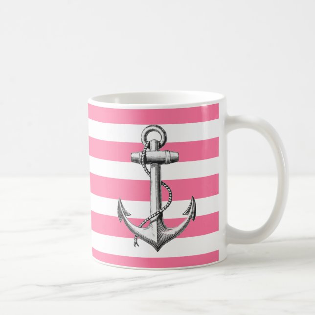 Cute and Beautiful Pink Nautical Stripe Pattern Coffee Mug (Right)