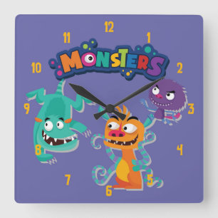 Cute and Colorful Fun Monsters Playing Scene Square Wall Clock