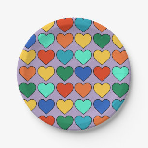 Cute and Colorful Love Heart Pattern on Lavender Paper Plate