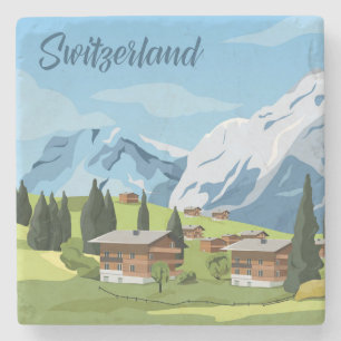 Cute and Colorful Switzerland Cartoon Drawing Stone Coaster