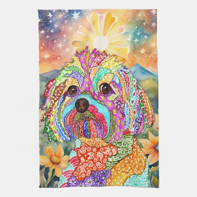 Cute and Colorful YorkiPoo Lover Kitchen Towel (Vertical)