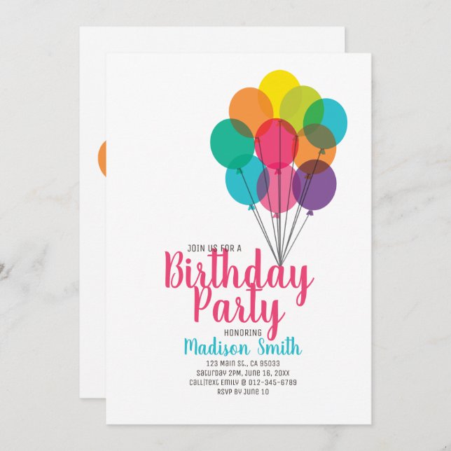 Cute and Colourful Balloons Birthday Invitation (Front/Back)