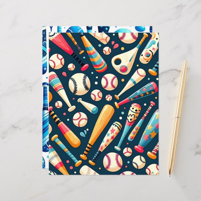 Cute and Colourful Baseball Scrapbook Paper (Front/Back In Situ)