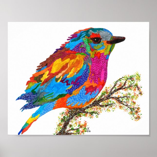 Cute and Colourful Bird on a Branch Poster 10"x8" (Front)