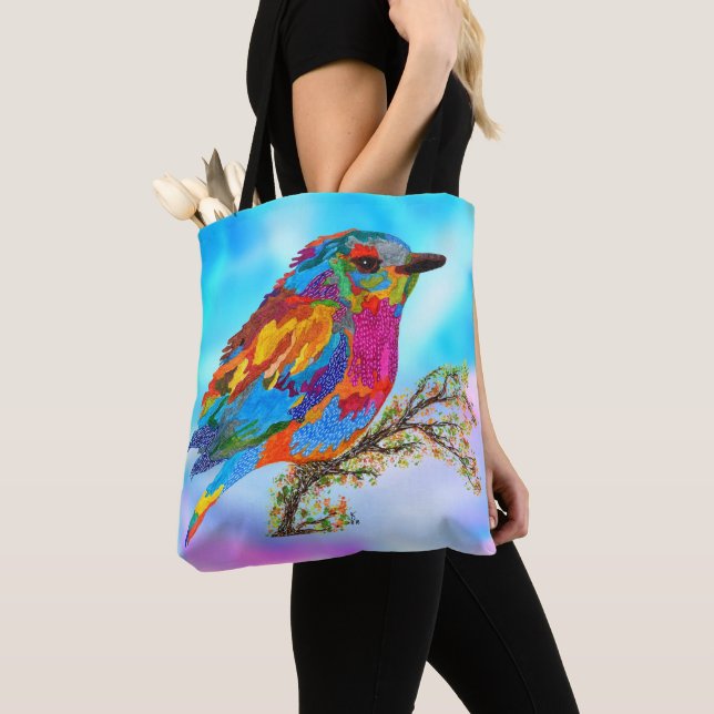 Cute and Colourful Bird on a Branch Tote Bag (Close Up)