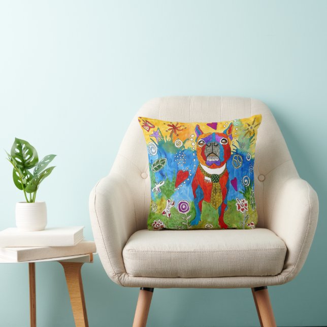 Cute and Colourful Boston Terrier Throw Pillow (Chair)