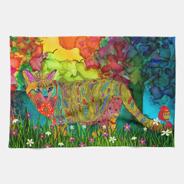 Cute and Colourful Cat and Bird Kitchen Towel (Horizontal)