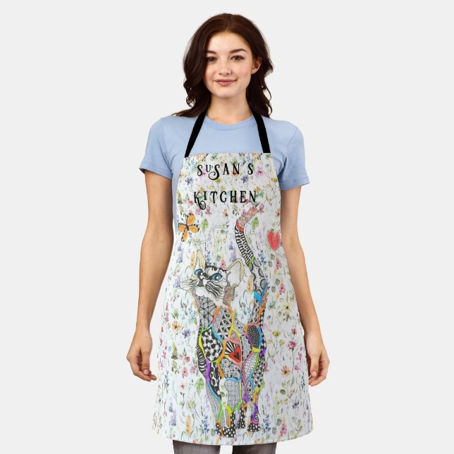 Cute and Colourful Cat and Butterfly Personalised Apron (Worn)