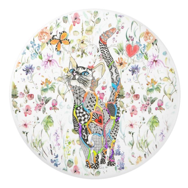 Cute and Colourful Cat Floral   Ceramic Knob (Front)