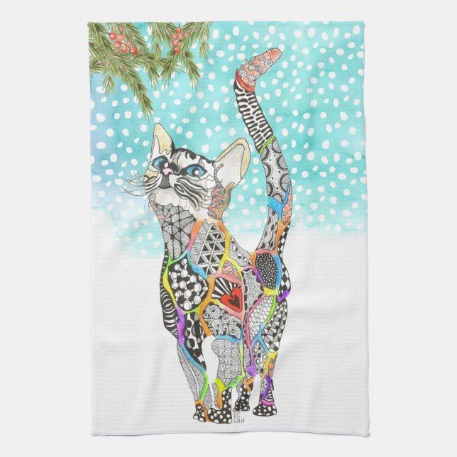 Cute and Colourful Cat in the Snow Kitchen Towel (Vertical)