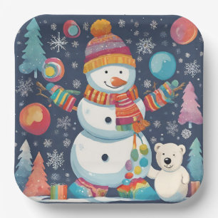 Cute and Colourful Christmas Snowman Paper Plate