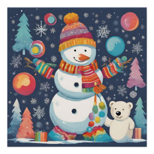 Cute and Colourful Christmas Snowman  Poster