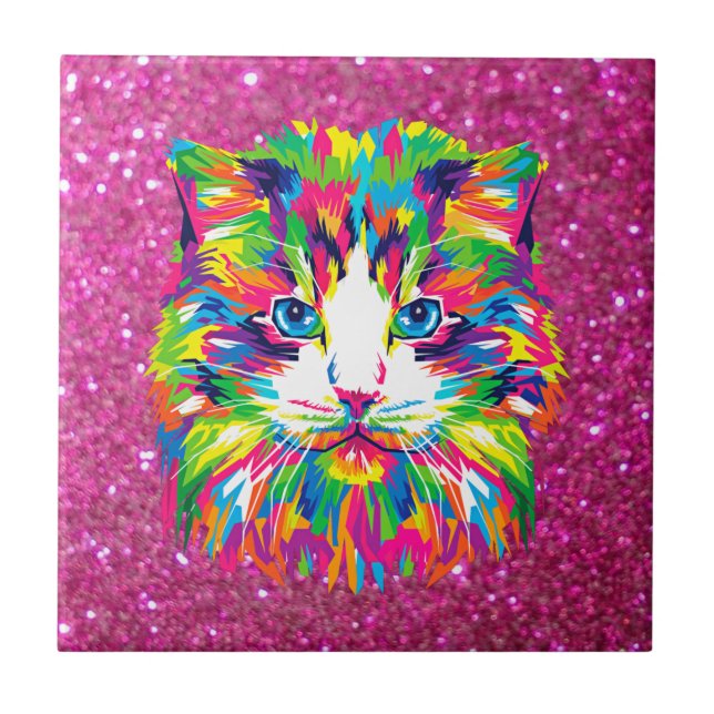 Cute and colourful cuddly cat, ceramic tile (Front)