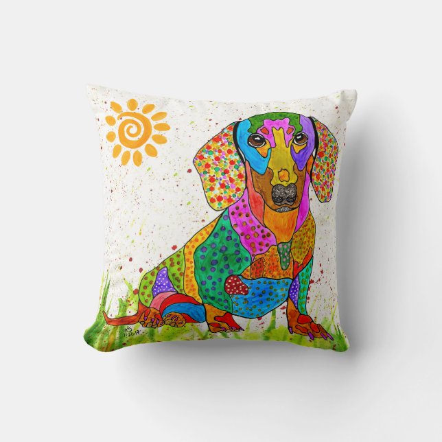 Cute and Colourful Dachshund Throw Pillow (Front)