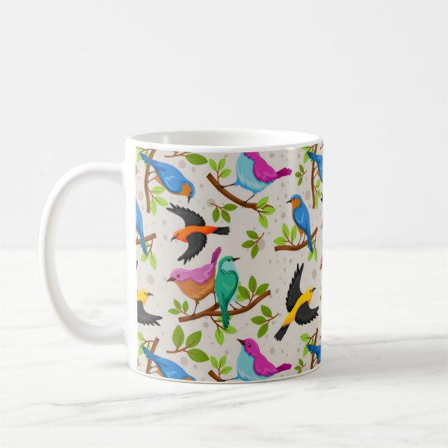 Cute and Colourful Drawing of Several Spring Birds Coffee Mug (Left)