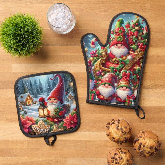 Cute and Colourful Elves Oven Mitt & Pot Holder Set (Top Down)