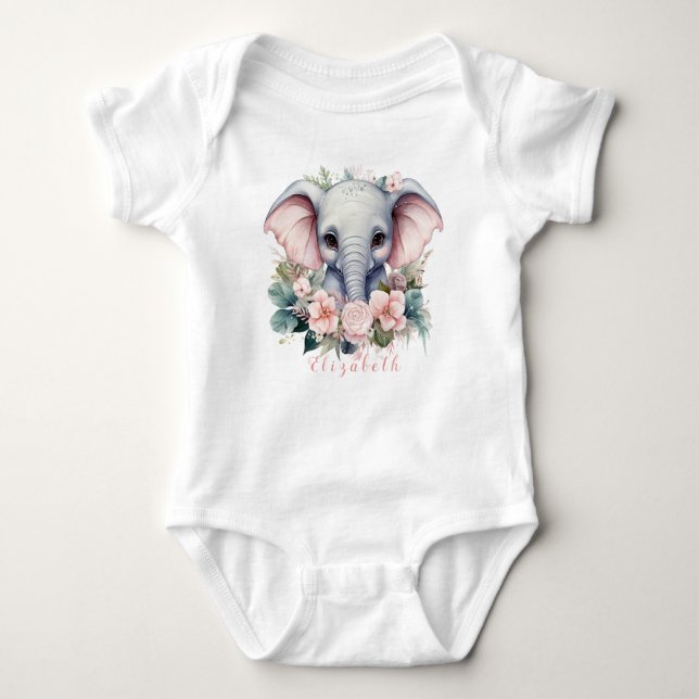 Cute and Colourful Floral Baby Elephant Baby Bodysuit (Front)