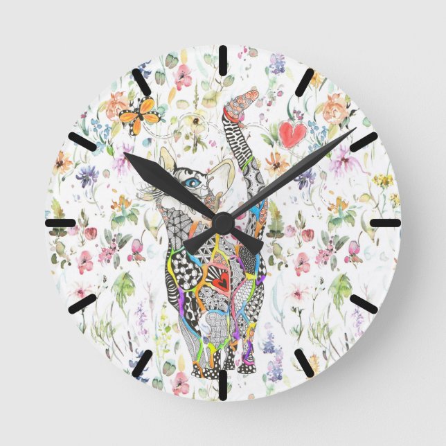 Cute and Colourful Floral Cat Wall Clock (Front)