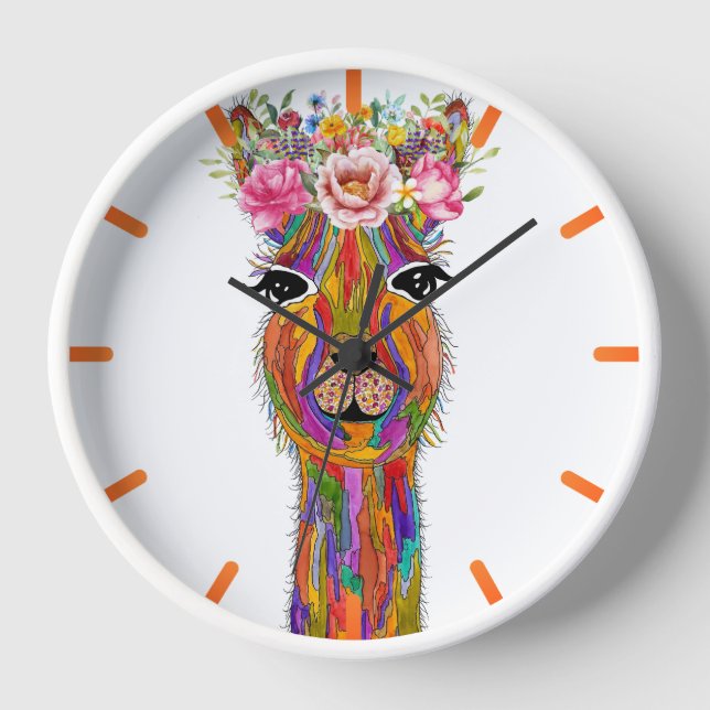 Cute and Colourful Floral Llama Clock (Front)