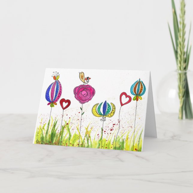 Cute and Colourful Flowers and Bird Greeting Card (Front)