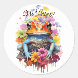 Cute and Colourful Frog with Flowers Classic Round Sticker