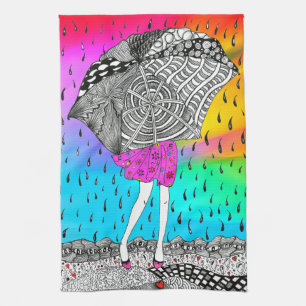 Cute and Colourful Girl in the Rain Kitchen Towel