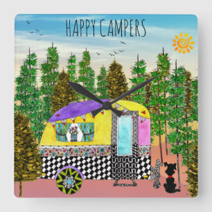 Cute and Colourful Happy Camper Square Wall Clock