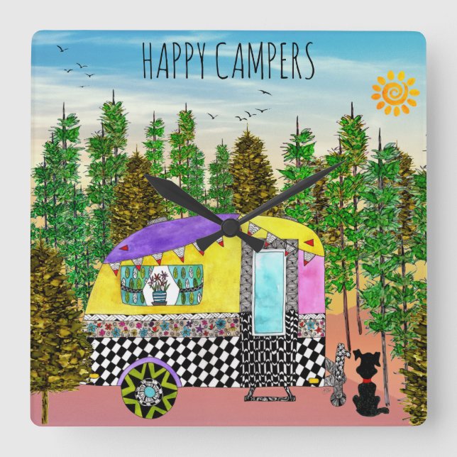 Cute and Colourful Happy Camper Square Wall Clock (Front)