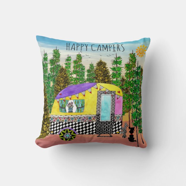 Cute and Colourful Happy Camper Throw Pillow (Front)