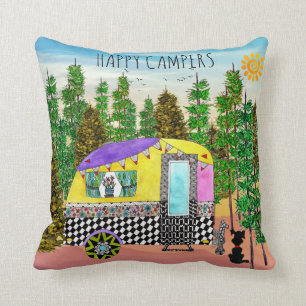 Cute and Colourful Happy Camper Throw Pillow