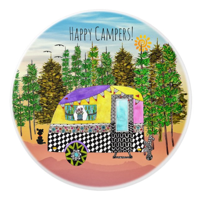 Cute and Colourful Happy Campers Ceramic Knob (Front)