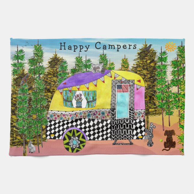 Cute and Colourful Happy Campers Kitchen Towels (Horizontal)
