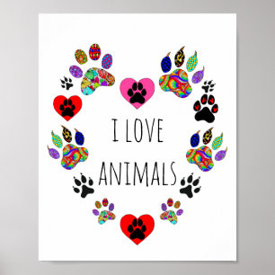 Cute and Colourful I Love Animals Poster 8X10"