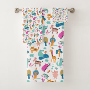 Cute and Colourful Jungle Animals Pattern Bath Towel Set