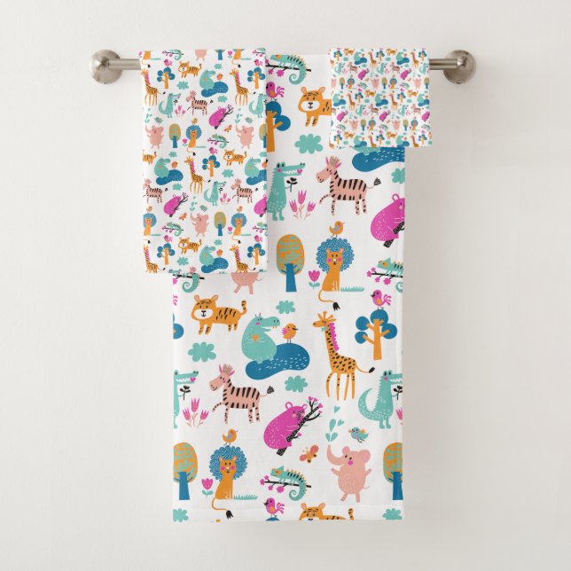 Cute and Colourful Jungle Animals Pattern Bath Towel Set (Insitu)