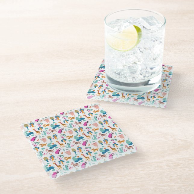 Cute and Colourful Jungle Animals Pattern Glass Coaster (Angled)