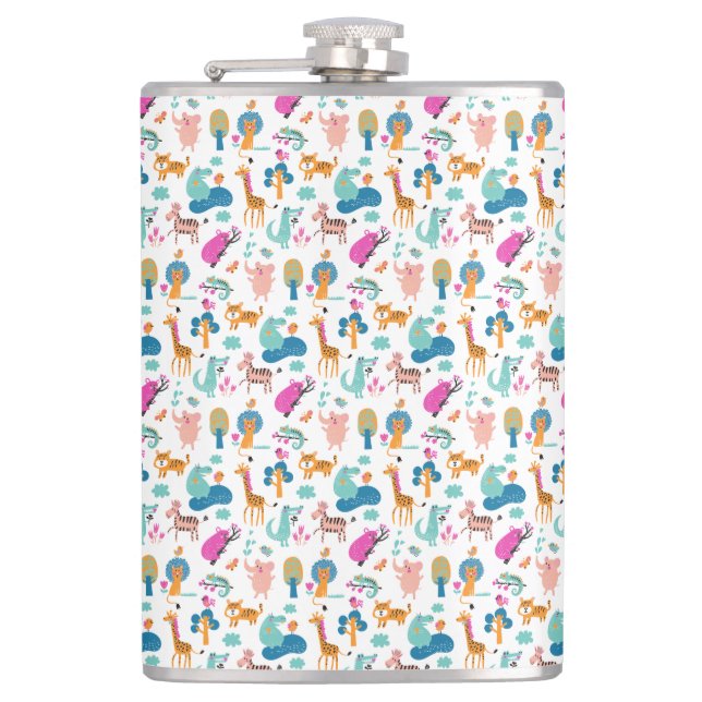 Cute and Colourful Jungle Animals Pattern Hip Flask (Front)