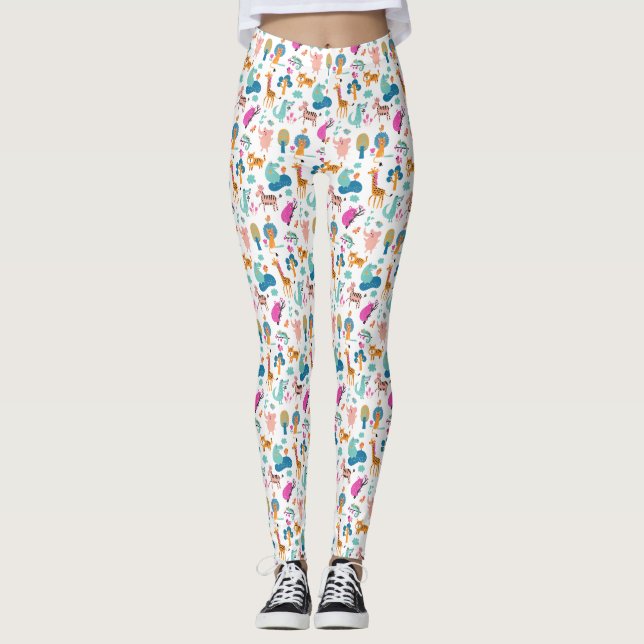 Cute and Colourful Jungle Animals Pattern Leggings (Front)