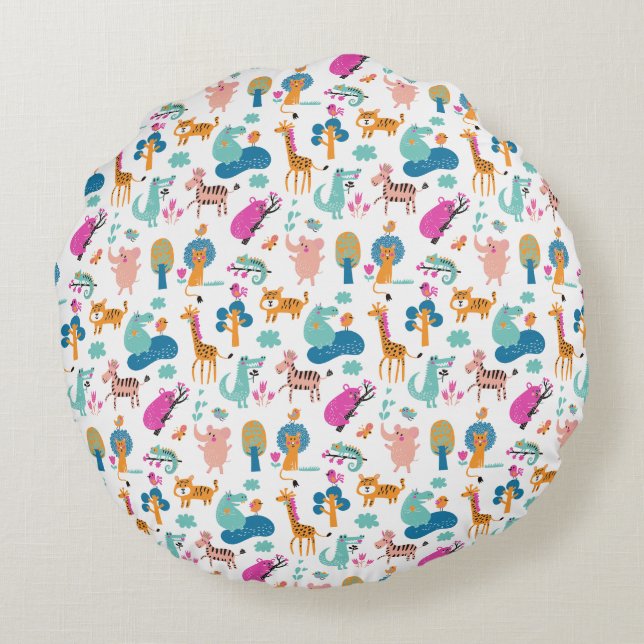 Cute and Colourful Jungle Animals Pattern Round Cushion (Back)