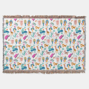 Cute and Colourful Jungle Animals Pattern Throw Blanket