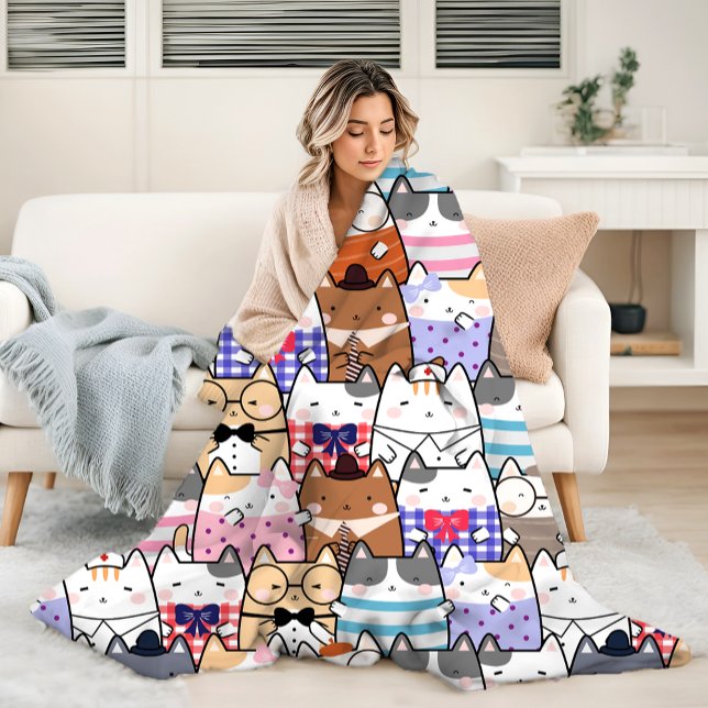 Cute and Colourful Kawaii Cat Pattern Sherpa Blanket (Creator Uploaded)