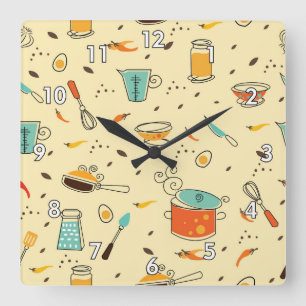 Cute and Colourful Kitchen Utensils Square Wall Clock