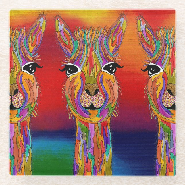 Cute and Colourful Llama Glass Coaster (Front)