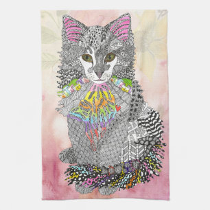 Cute and Colourful Pastel Watercolor Cat Painting Tea Towel